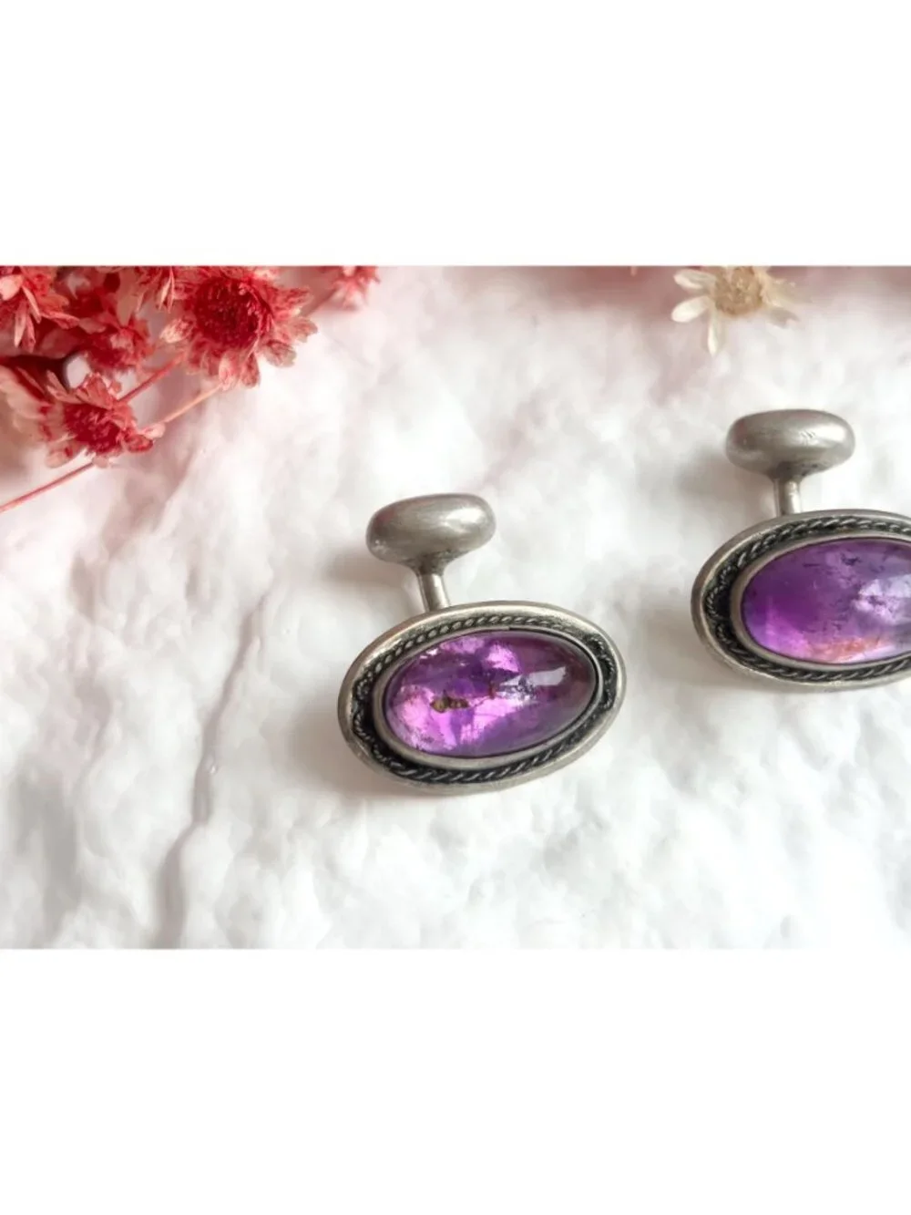 Amethyst Cabochon Gemstone Vintage Sterling Silver 925 Men's Cufflinks